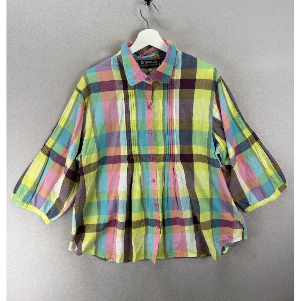 Citicraze Women's Plus 1X Pastel Plaid Button Down Pleated Blouse 3/4 Sleeve